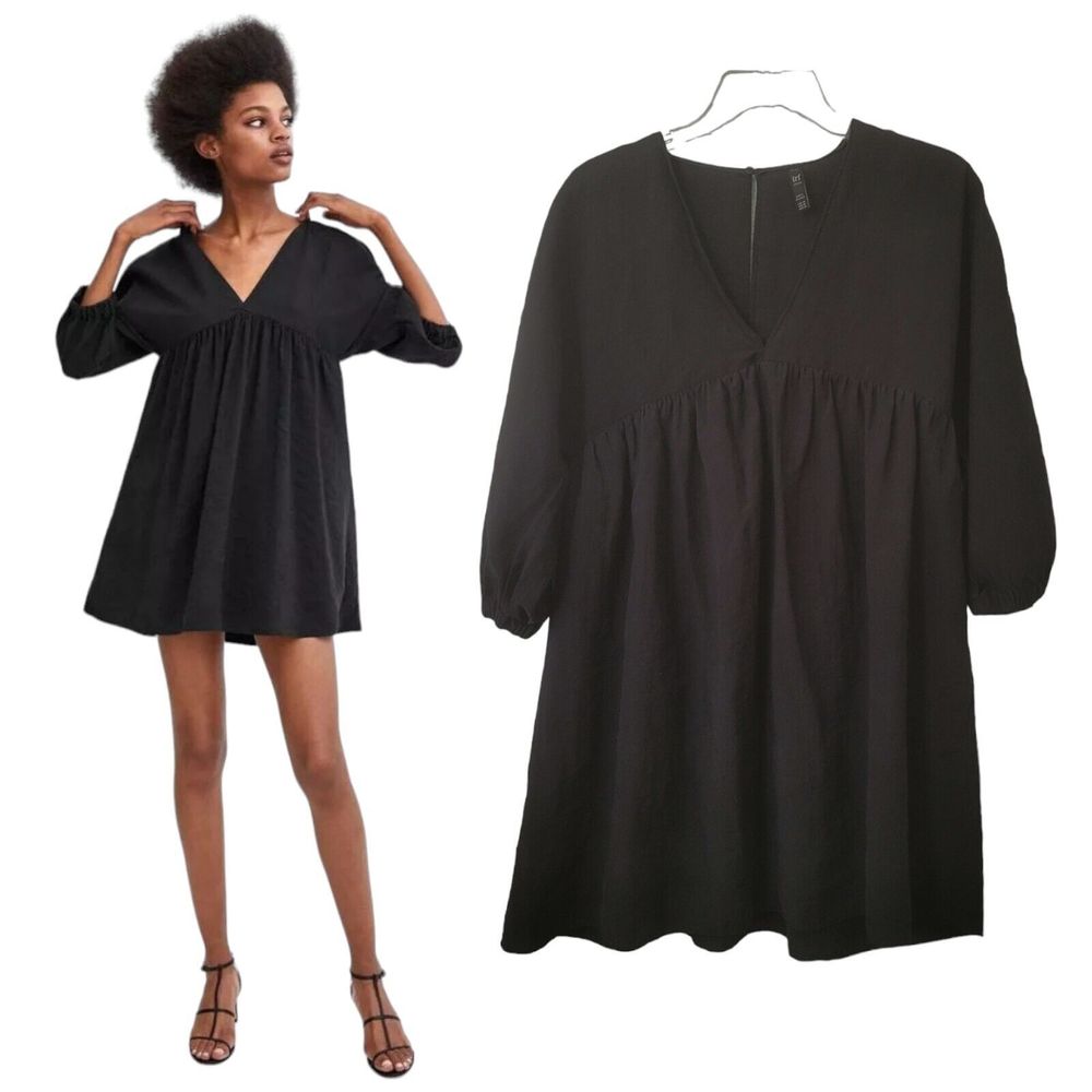 Zara Smocked Babydoll 3/4 Sleeve  Mini Dress With Pockets Black size M